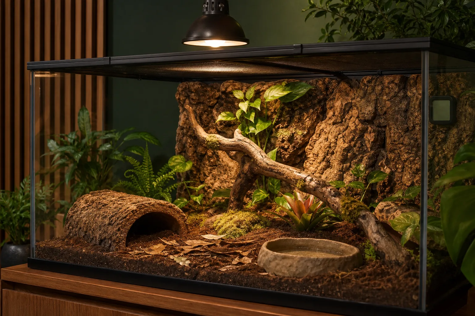 A complete naturalistic reptile habitat with monitoring equipment