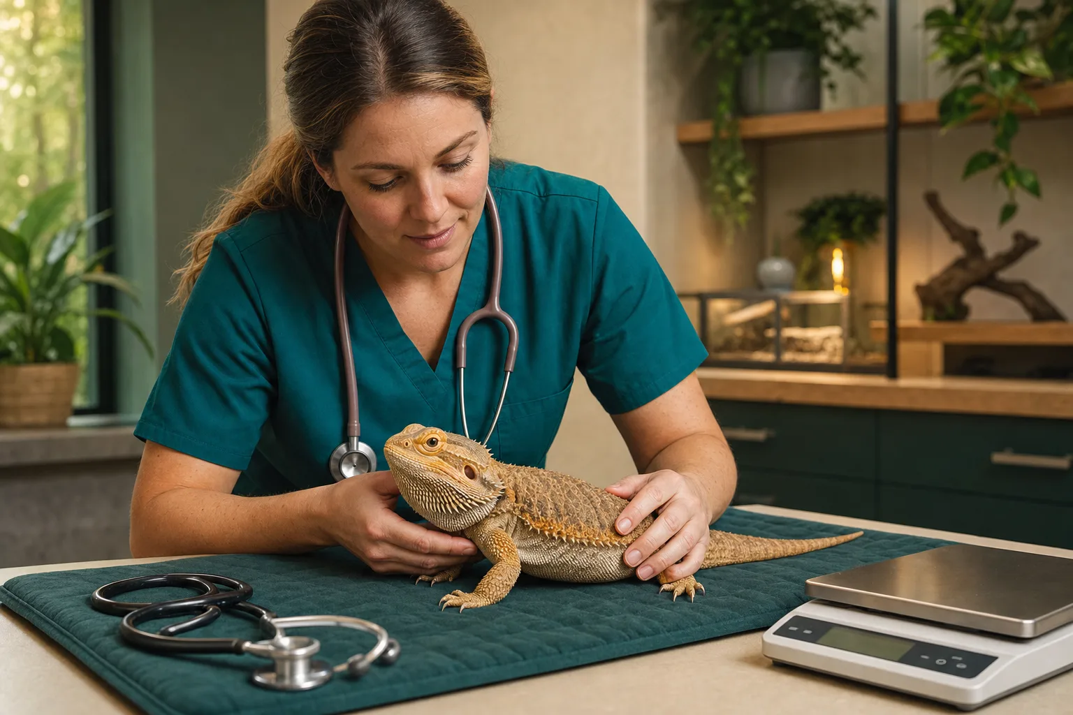 An experienced veterinarian examining a reptile