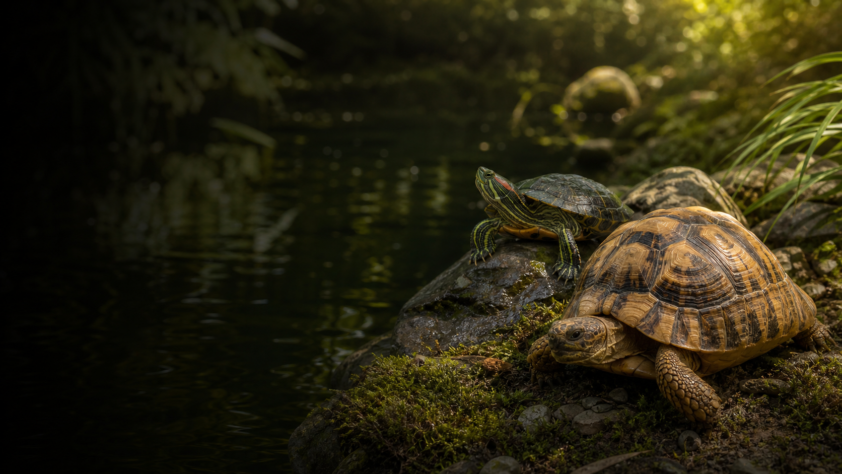 A tortoise and aquatic turtle in a natural setting