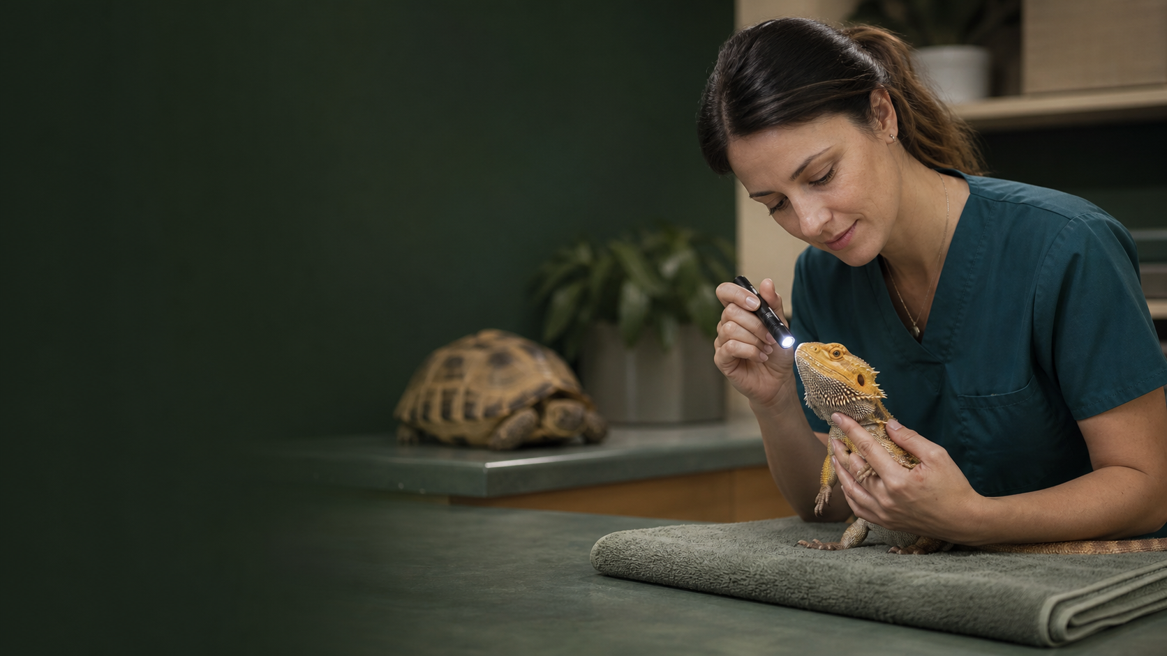 An exotic-animal veterinarian gently examining a bearded dragon