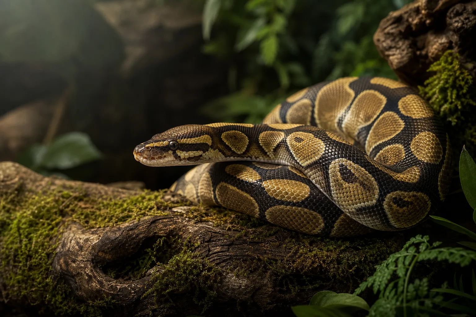 Ball python coiled on mossy natural wood