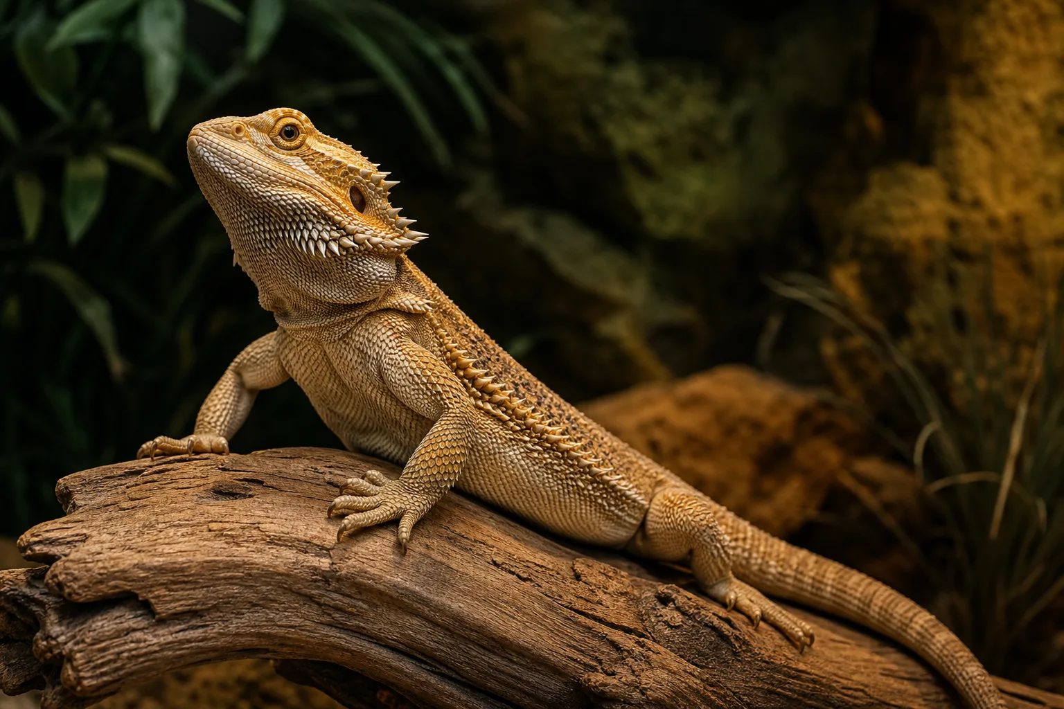 Bearded dragon basking on natural wood