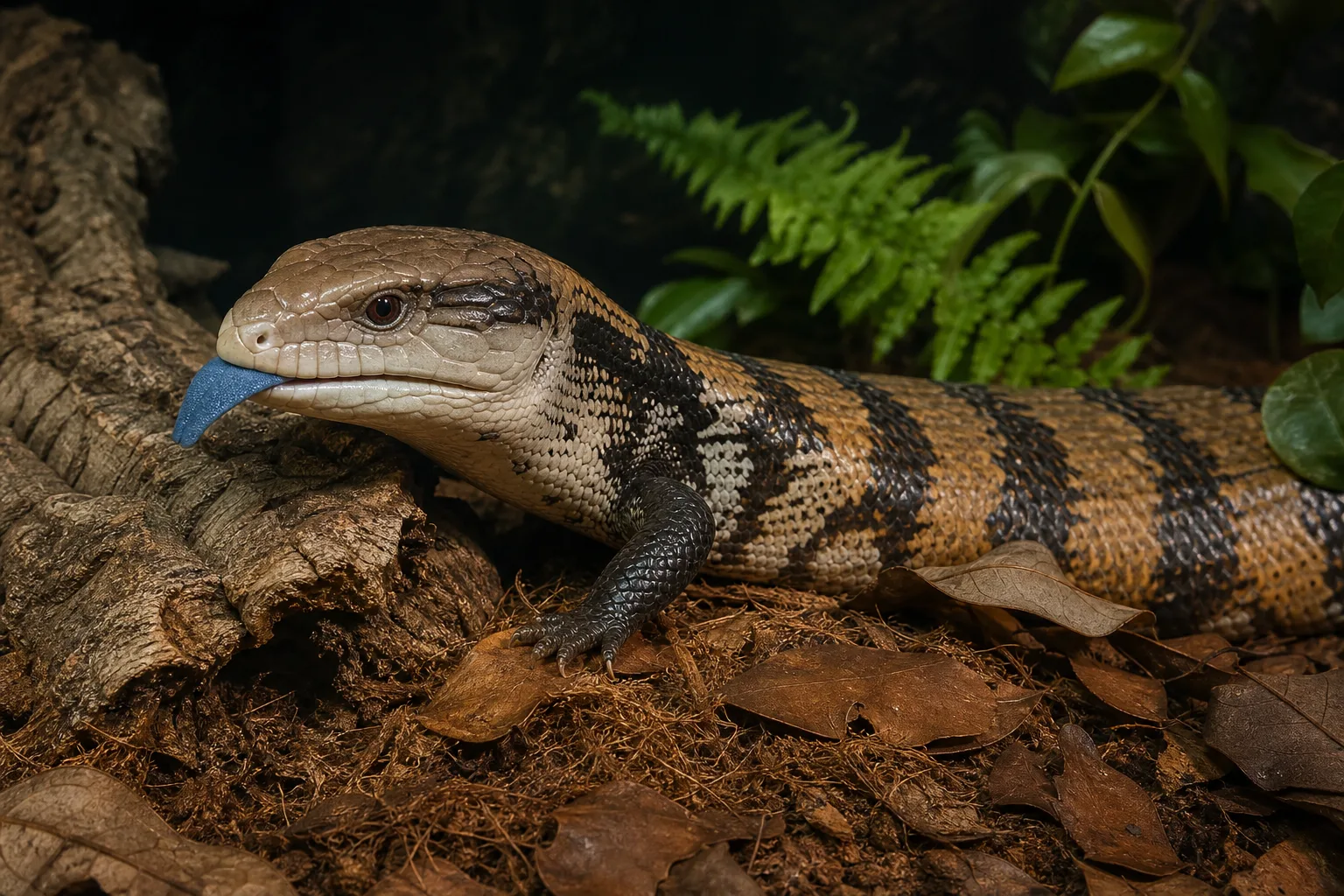 Blue tongue skink resting in a natural habitat