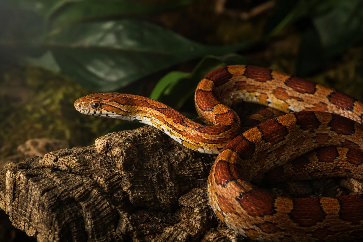 Orange corn snake coiled on cork bark