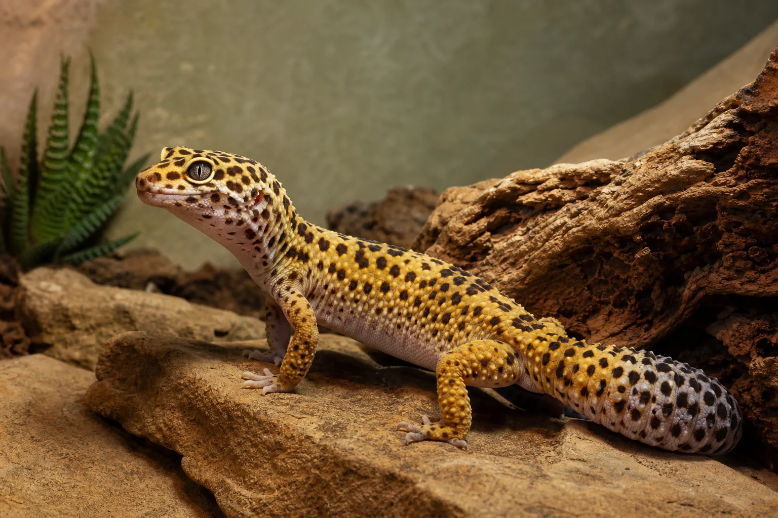 Leopard gecko standing on warm stone